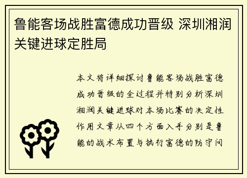 鲁能客场战胜富德成功晋级 深圳湘润关键进球定胜局